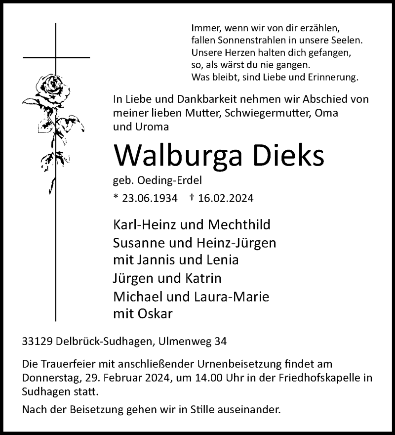  Traueranzeige für Walburga Dieks vom 24.02.2024 aus Westfalen Blatt