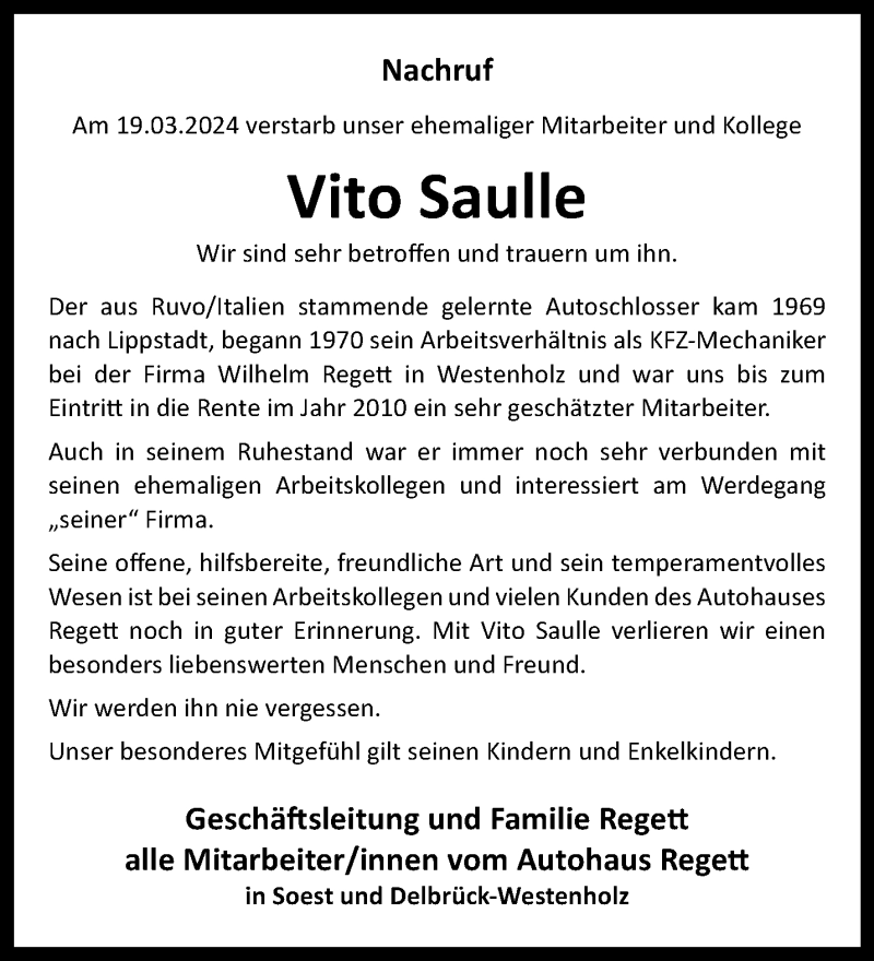  Traueranzeige für Vito Saulle vom 23.03.2024 aus Westfalen Blatt