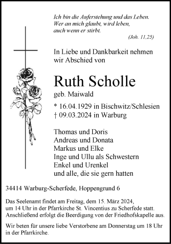 Traueranzeige von Ruth Scholle von Westfalen Blatt