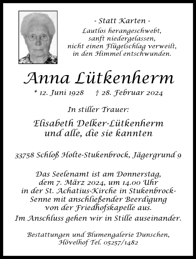  Traueranzeige für Anna Lütkenherm vom 05.03.2024 aus Westfalen Blatt