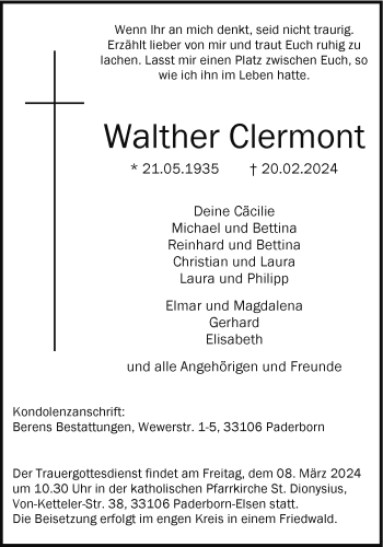 Traueranzeige von Walther Clermont von Westfalen Blatt