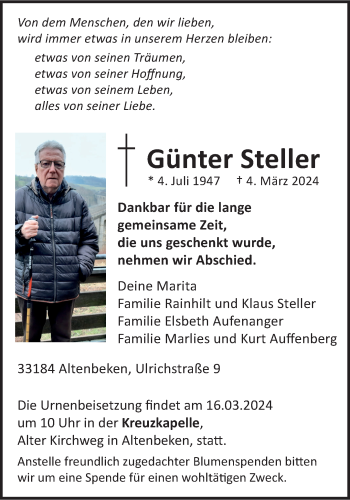 Traueranzeige von Günter Steller von Westfalen Blatt