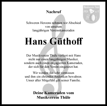 Traueranzeige von Hans Güthoff von Westfalen Blatt