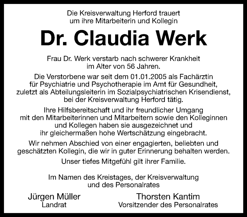  Traueranzeige für Dr. Claudia Werk vom 03.02.2024 aus Westfalen Blatt