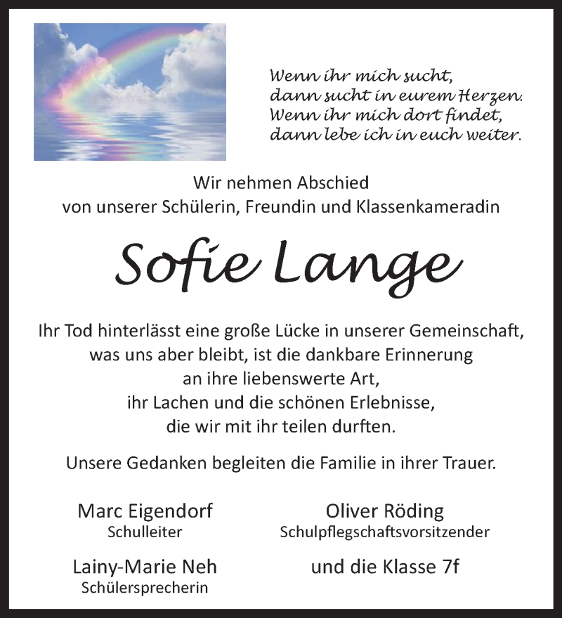  Traueranzeige für Sofie Lange vom 26.03.2024 aus Westfalen Blatt