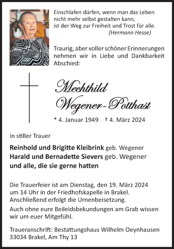 Traueranzeige von Mechthild Wegener-Potthast von Westfalen Blatt