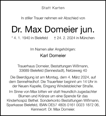 Traueranzeige von Dr. Max Domeier von Westfalen Blatt