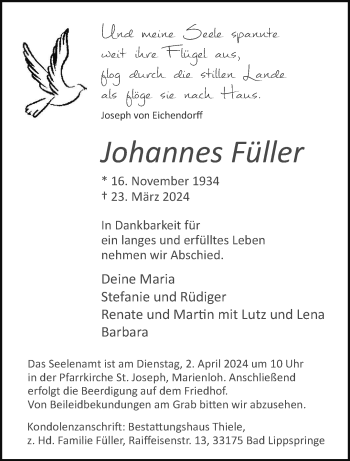 Traueranzeige von Johannes Füller von Westfalen Blatt