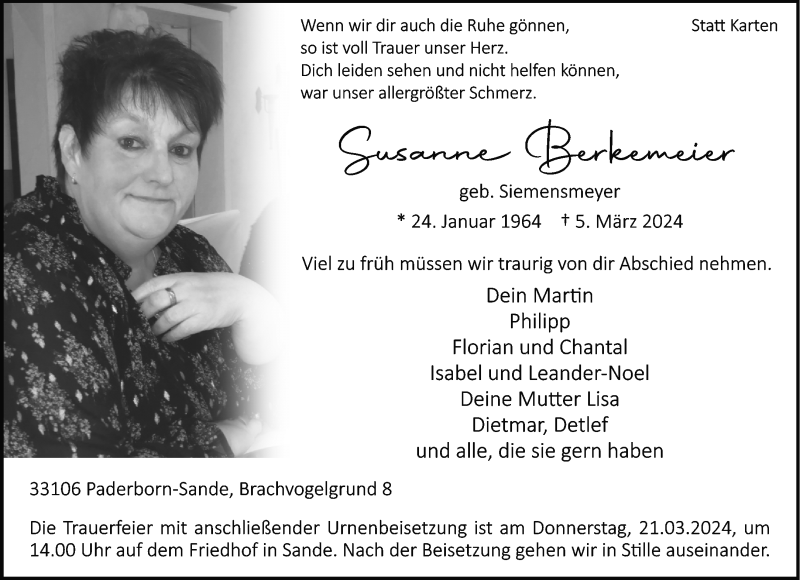  Traueranzeige für Susanne Berkemeier vom 16.03.2024 aus Westfalen Blatt
