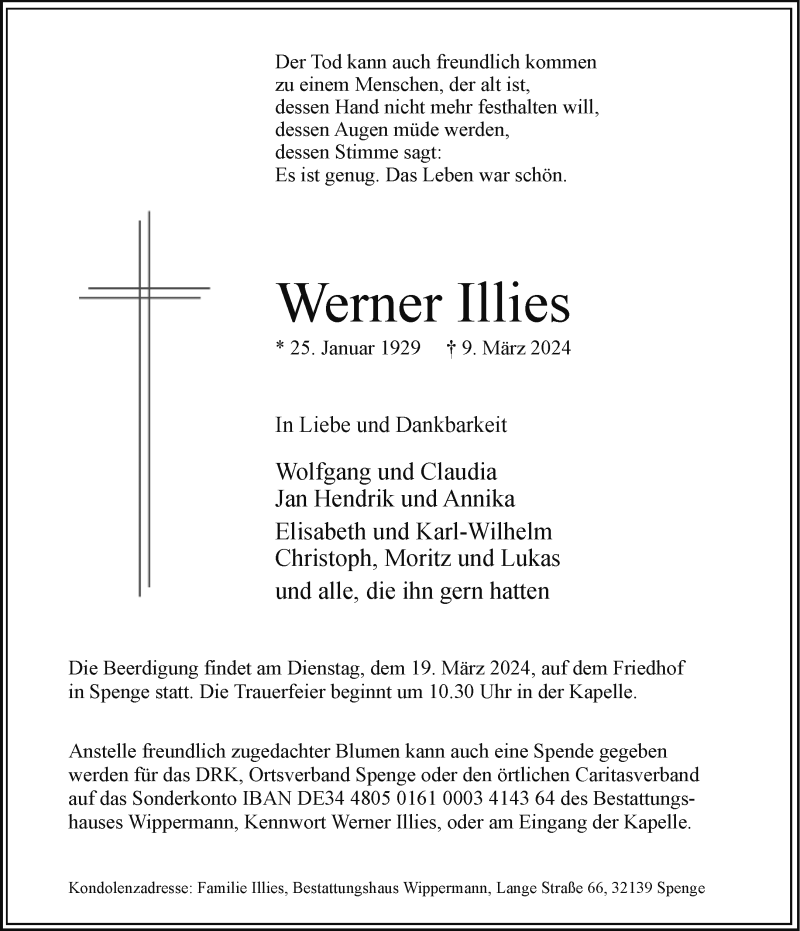  Traueranzeige für Werner Illies vom 16.03.2024 aus Westfalen Blatt