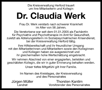 Traueranzeige von Dr. Claudia Werk von Westfalen Blatt