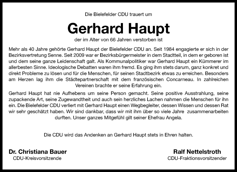  Traueranzeige für Gerhard Haupt vom 15.03.2024 aus Westfalen Blatt