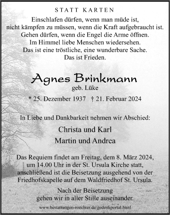 Traueranzeige von Agnes Brinkmann von Westfalen Blatt