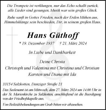 Traueranzeige von Hans Güthoff von Westfalen Blatt