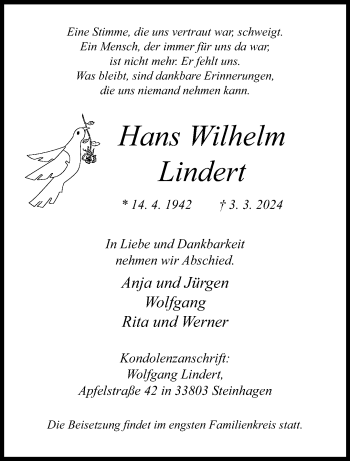 Traueranzeige von Hans Wilhelm Lindert von Westfalen Blatt