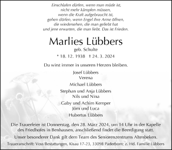 Traueranzeige von Marlies Lübbers von Westfalen Blatt