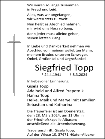 Traueranzeige von Siegfried Topp von Westfalen Blatt