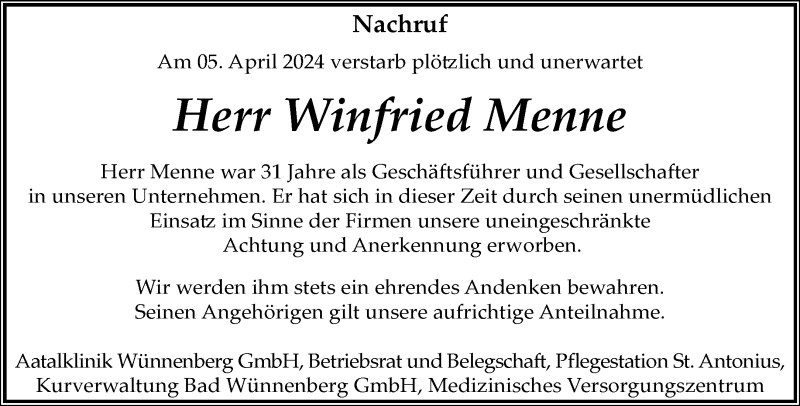 Traueranzeige für Winfried Menne vom 17.04.2024 aus Westfalen Blatt