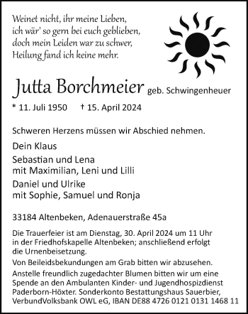 Traueranzeige von Jutta Borchmeier von Westfalen Blatt
