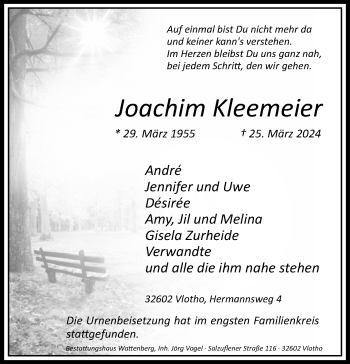 Traueranzeige von Joachim Kleemeier von Westfalen Blatt