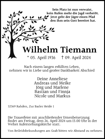 Traueranzeige von Wilhelm Tiemann von Westfalen Blatt