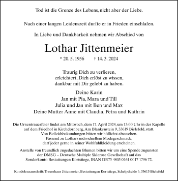 Traueranzeige von Lothar Jittenmeier von Westfalen Blatt