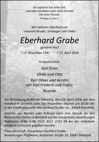 Traueranzeige von Eberhard Grabe von Westfalen Blatt