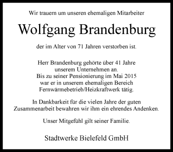 Traueranzeige von Wolfgang Brandenburg von Westfalen Blatt