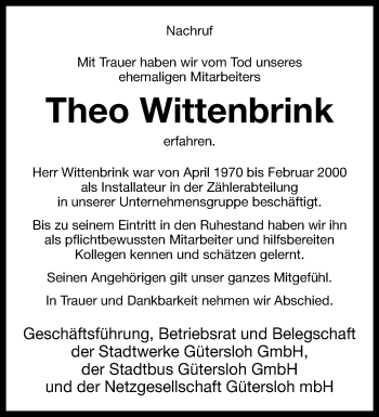 Traueranzeige von Theo Wittenbrink von Westfalen Blatt