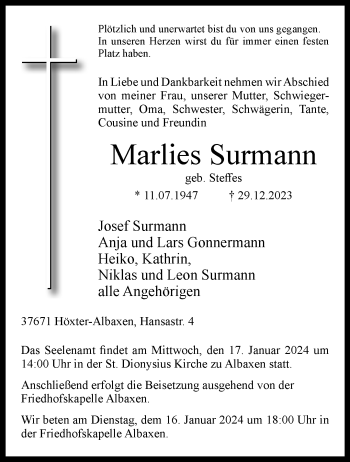 Traueranzeige von Marlies Surmann von Westfalen Blatt