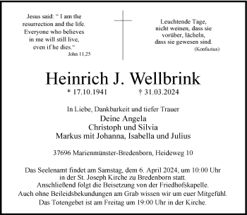 Traueranzeige von Heinrich J. Wellbrink von Westfalen Blatt