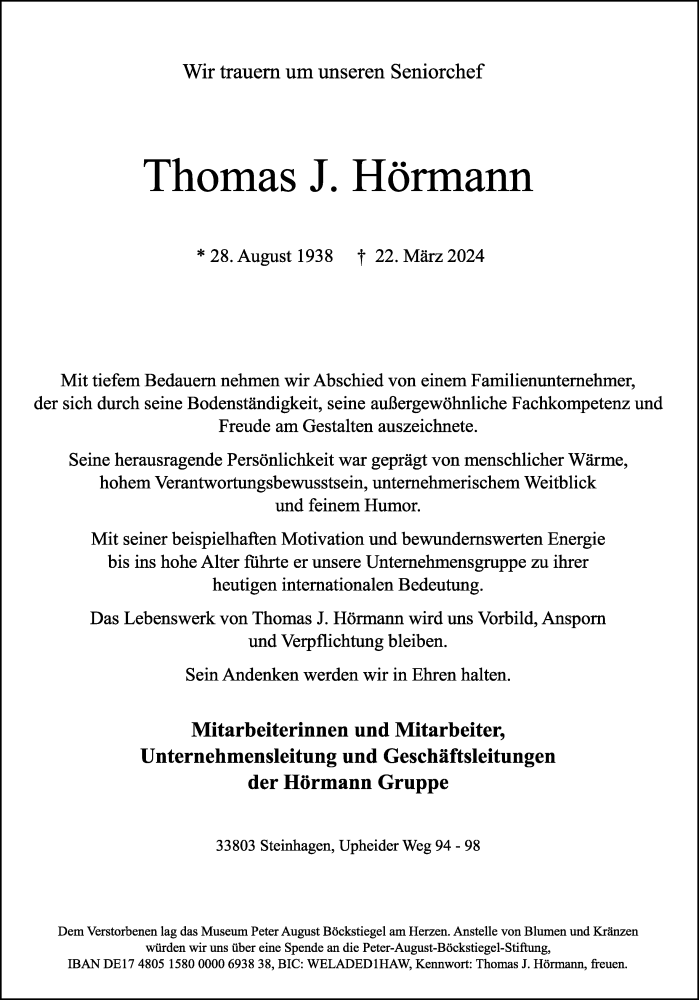  Traueranzeige für Thomas J. Hörmann vom 29.03.2024 aus Westfalen Blatt