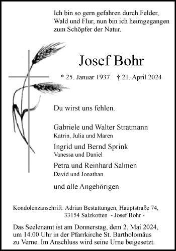 Traueranzeige von Josef Bohr von Westfalen Blatt
