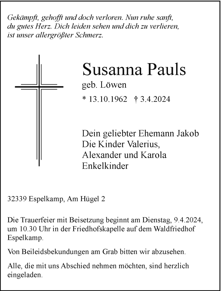  Traueranzeige für Susanna Pauls vom 06.04.2024 aus Westfalen Blatt
