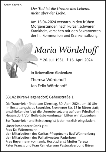 Traueranzeige von Maria Wördehoff von Westfalen Blatt