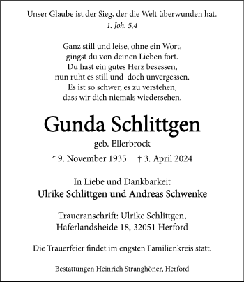 Traueranzeige von Gunda Schlittgen von Westfalen Blatt