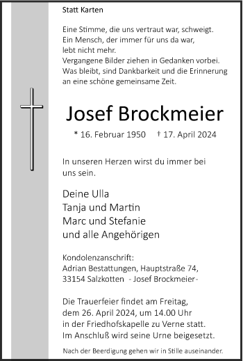 Traueranzeige von Josef Brockmeier von Westfalen Blatt