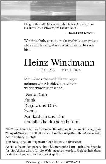 Traueranzeige von Heinz Windmann von Westfalen Blatt