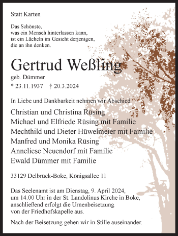 Traueranzeige von Gertrud Weßling von Westfalen Blatt