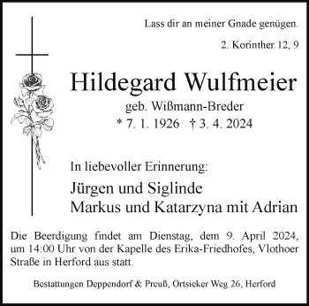 Traueranzeige von Hildegard Wulfmeier von Westfalen Blatt