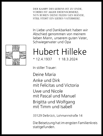 Traueranzeige von Hubert Hilleke von Westfalen Blatt