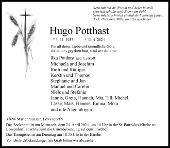 Traueranzeige von Hugo Potthast von Westfalen Blatt