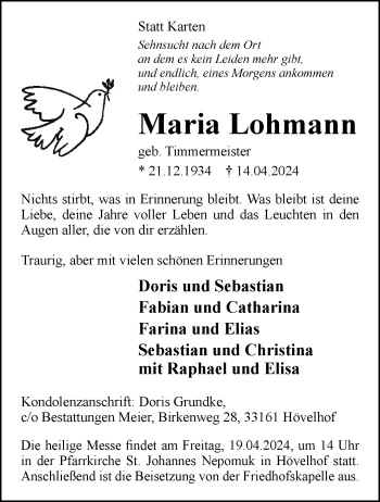 Traueranzeige von Maria Lohmann von Westfalen Blatt