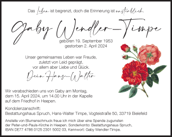 Traueranzeige von Gaby Wendler-Timpe von Westfalen Blatt