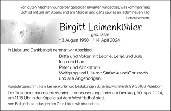 Traueranzeige von Birgitt Leimenkühler von Westfalen Blatt