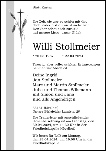 Traueranzeige von Willi Stollmeier von Westfalen Blatt