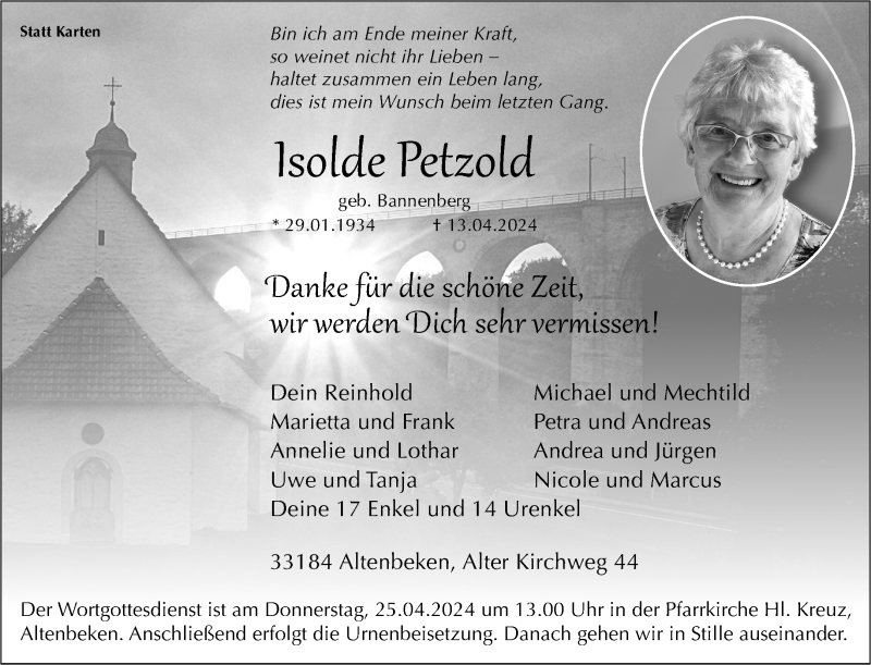  Traueranzeige für Isolde Petzold vom 20.04.2024 aus Westfalen Blatt
