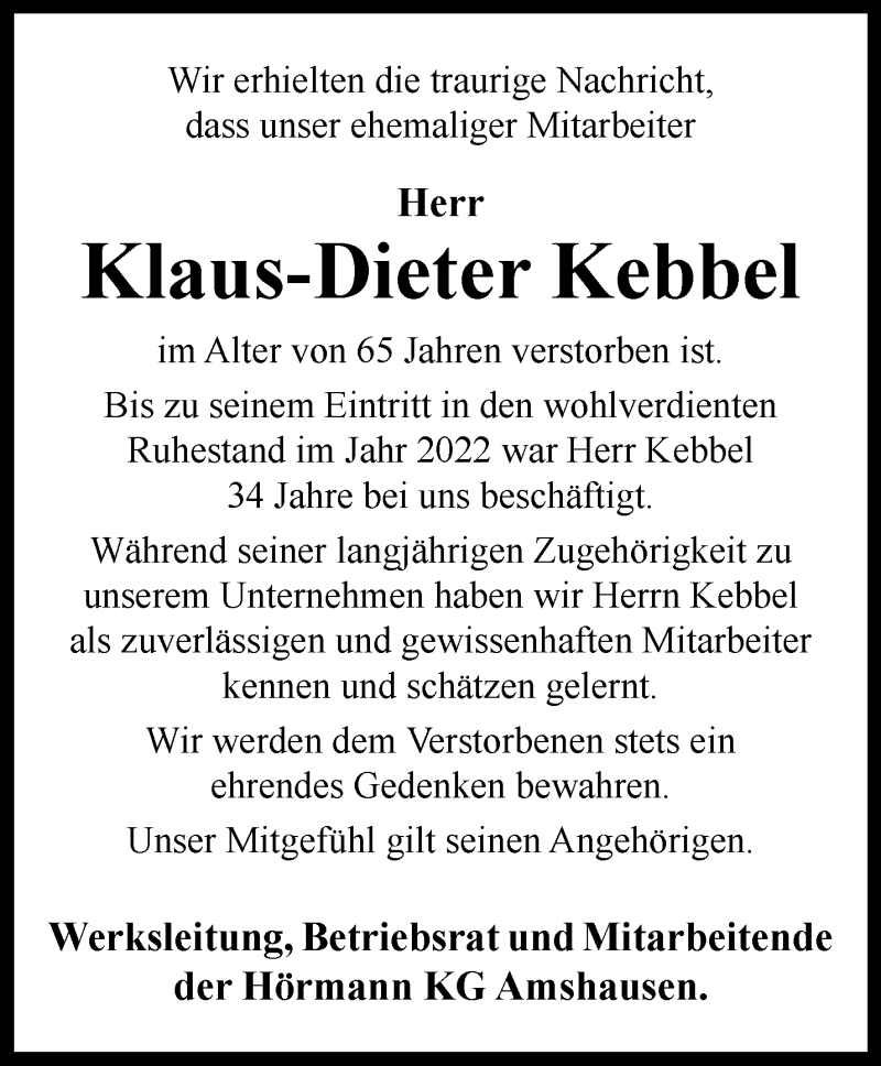  Traueranzeige für Klaus-Dieter Kebbel vom 29.03.2024 aus Westfalen Blatt