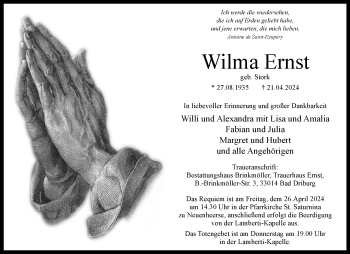 Traueranzeige von Wilma Ernst von Westfalen Blatt