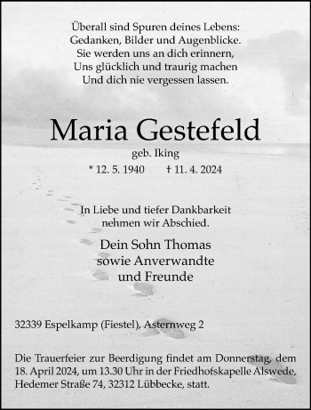 Traueranzeige von Maria Gestefeld von Westfalen Blatt